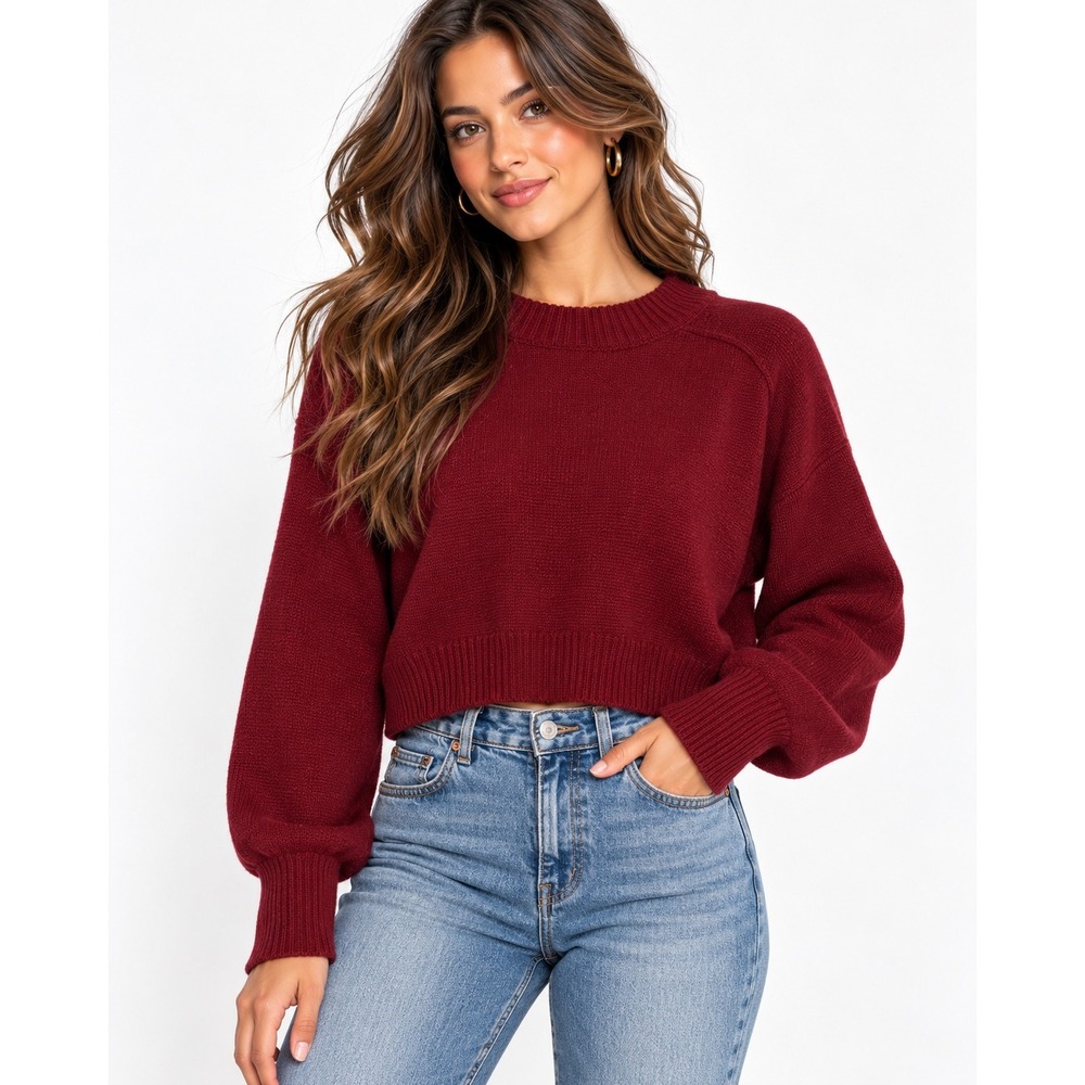 Olivaceous Burgundy Cropped Knit Sweater M Preppy Fall Minimalist Cottagecore